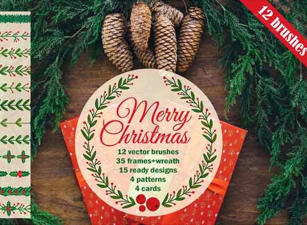 手绘无缝矢量圣诞花卉边框素材下载[eps]