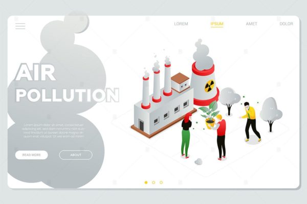 空气污染主题网站设计现代等距素材库精选概念插画 Air pollution – colorful isometric web banner