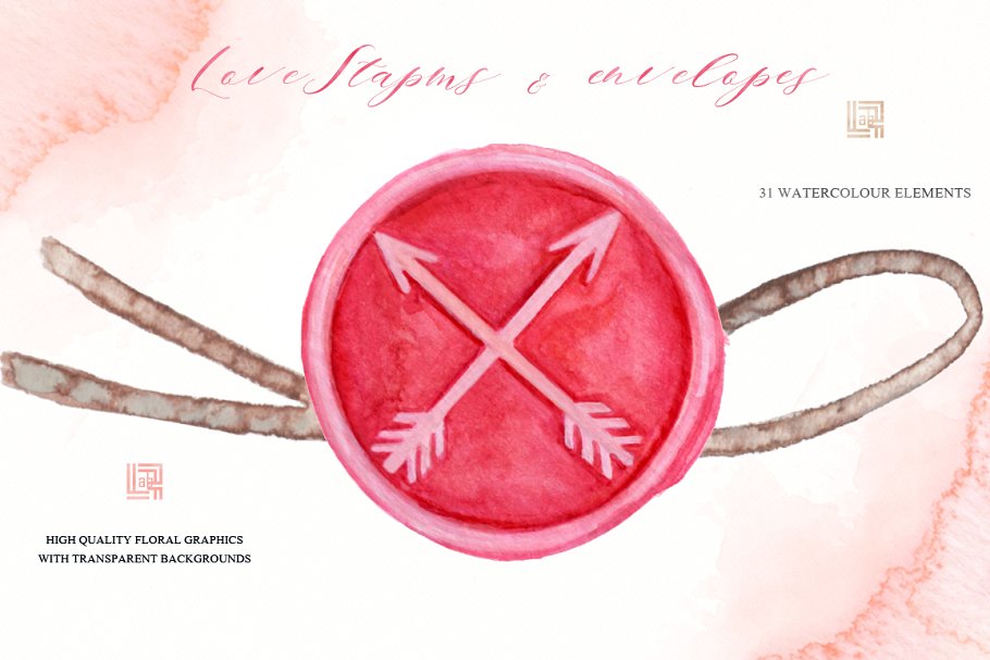 浪漫而温柔的爱情心形元素印章插画 Love stamps envelopes hearts clipart插图(1)