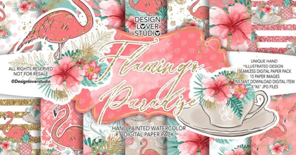火烈鸟动物水彩背景图案设计素材 Flamingos Paradise digital paper