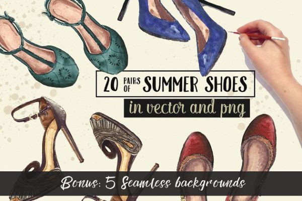 20双手绘高跟鞋水彩插画 20 Pairs of Summer Shoes