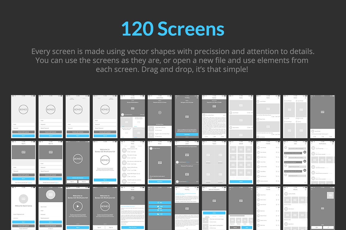 iOS 应用设计线框图素材包 Bones IOS Wireframe Kit [PS,AI,Sketch]插图(1)