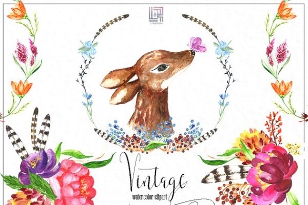 复古花卉和浆果水彩画插画 Vintage flowers &amp; berry Watercolor