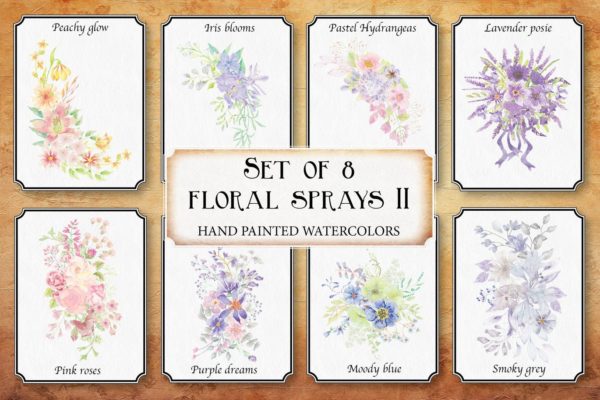 水彩花卉手绘图案剪贴画PNG素材 II Set of 8 Watercolor Clip Art Sprays II