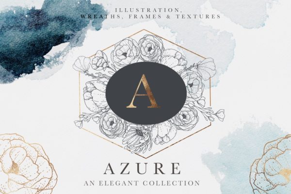 典雅风格湛蓝水彩矢量插画与纹理 Azure Blue Illustrations &amp; Textures