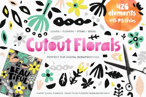 400+剪纸花卉元素 426 Cutout Floral Elements: PNG, EPS