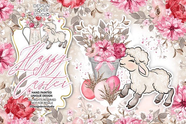快乐复活节羔羊水彩剪贴画设计素材 Happy Easter lamb design插图(3)