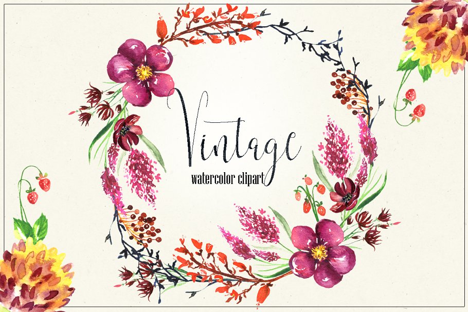 复古花卉和浆果水彩画插画 Vintage flowers & berry Watercolor插图(1)