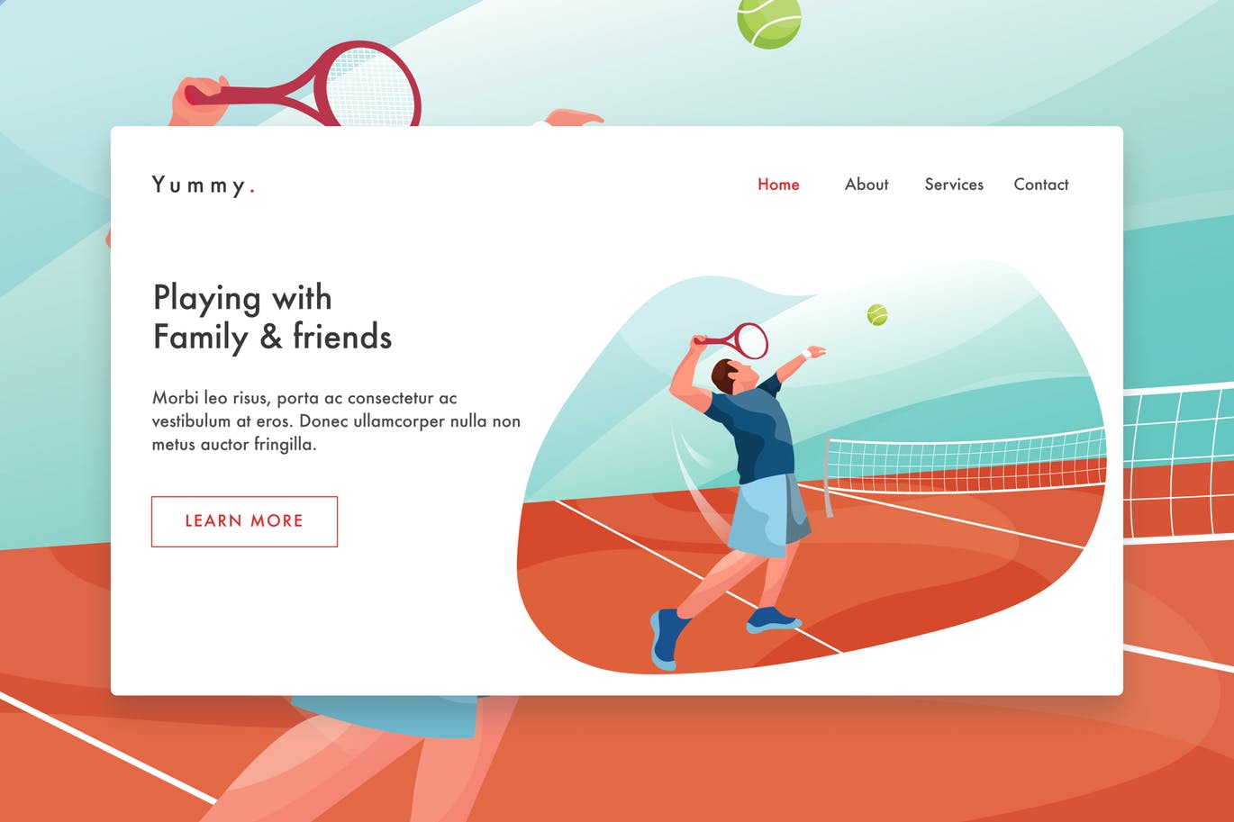 男子网球运动员手绘插画网站着陆页设计模板 Male Tennis Player web template Landing Page插图