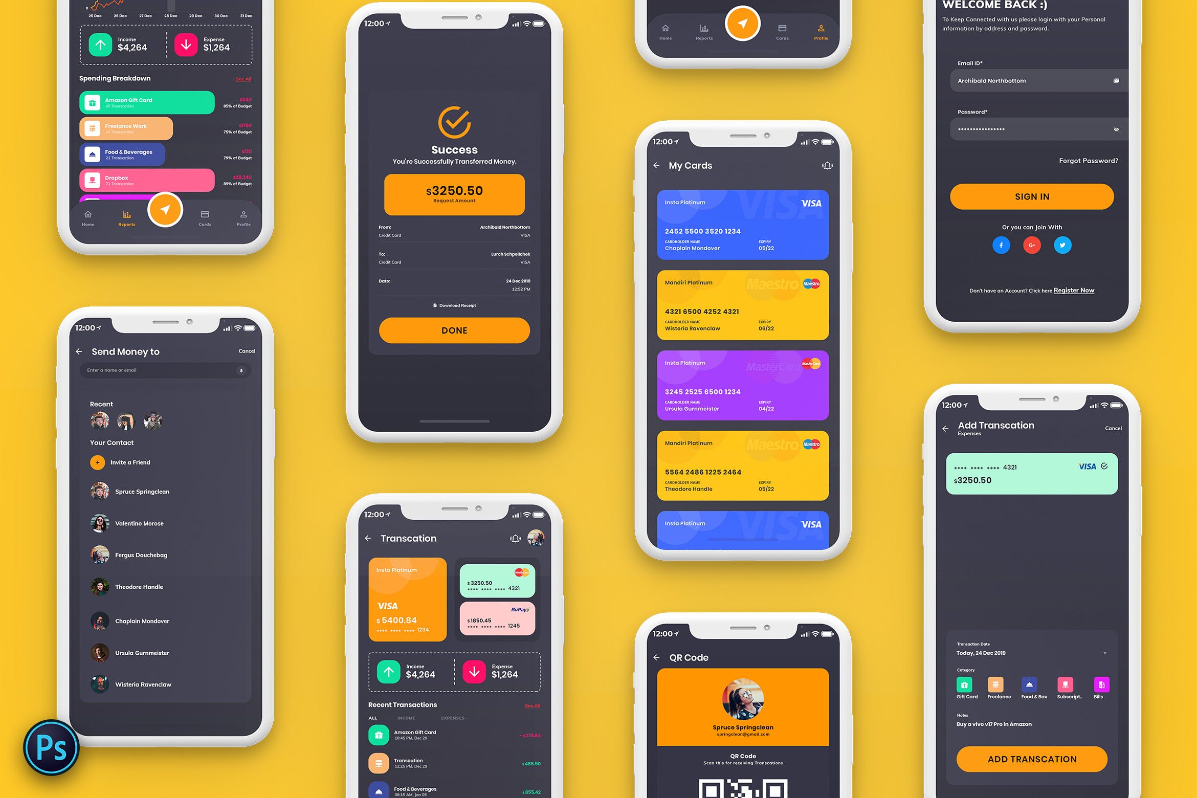 网上银行/支付工具/电子钱包APP应用UI设计素材库精选套件[黑暗模式] Finance Mobile App Template UI Kit Dark Version插图