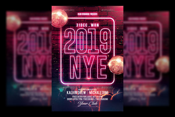 霓虹灯效果的新年海报模板下载 New Year Flyer [psd]