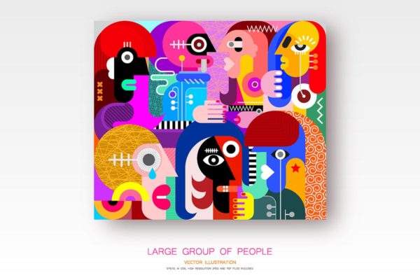 怪诞风格人群手绘插画 Large Group of People vector illustration