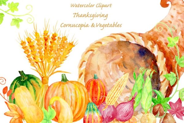 水彩感恩节主题素材聚宝盆 Thanksgiving Cornucopia