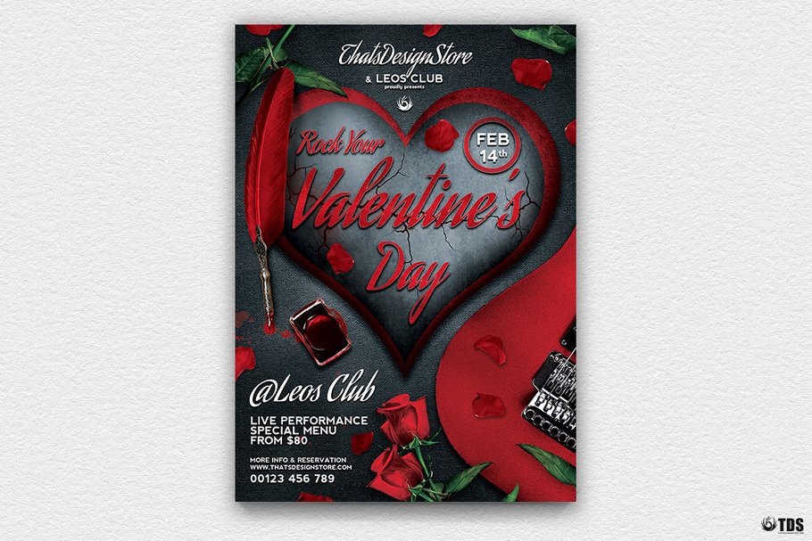 深红色情人节主题传单PSD模板 Rock Your Valentine Flyer PSD插图(1)