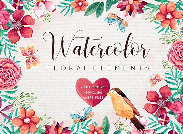 优雅的手绘春天夏天水彩花朵植物元素大集合