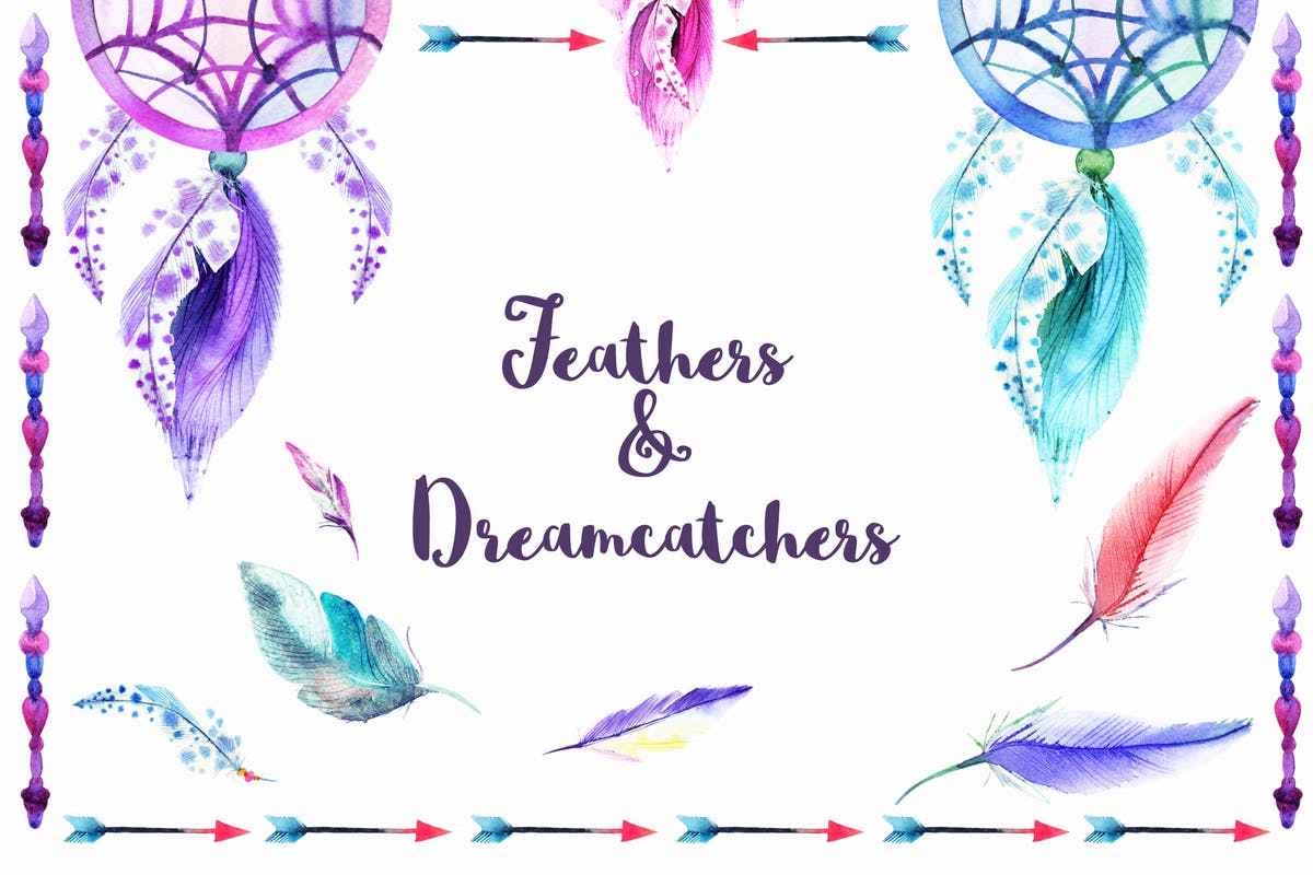 羽毛&追梦者元素水彩插画合集 Watercolor Feathers & Dreamcatchers插图