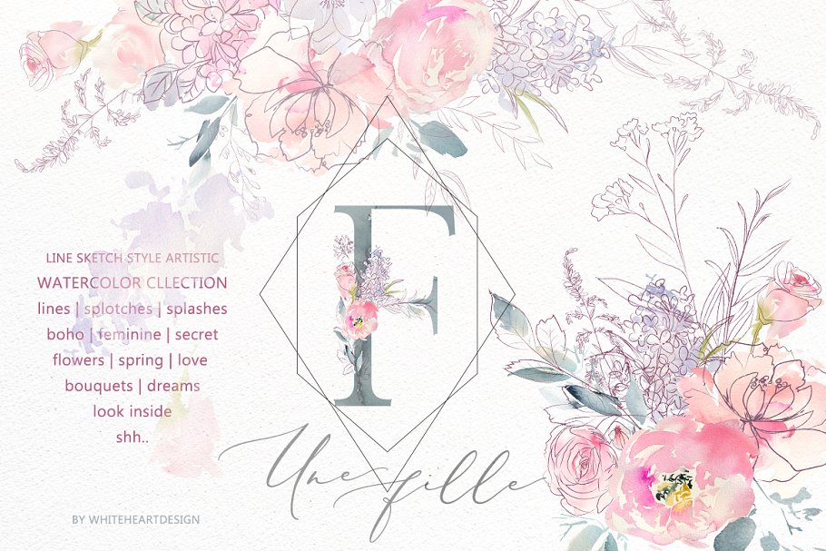 极力推荐：梦幻水彩花卉&涂鸦线条素材包 Une Fille Watercolor Artistic Set [2.7GB]插图