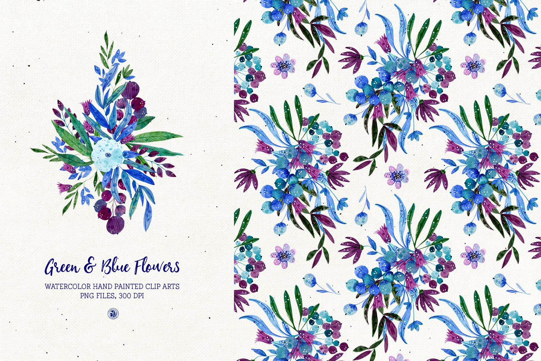 绿色&蓝色水彩手绘花卉剪贴画PNG素材 Green and Blue Flowers插图(1)