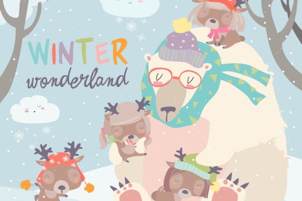 林地里的北极熊和小鹿矢量插画 Polar bear with cute little deers in snow forest.