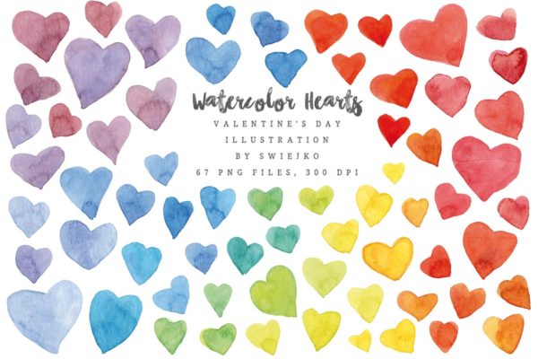 情人节彩虹色心形水彩插画合集 Watercolor Rainbow Hearts, Valentine’s Day