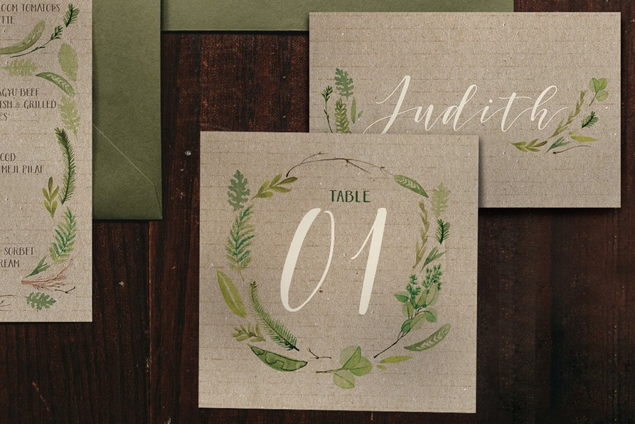 水彩叶子婚礼设计物料模板套装 Watercolor Foliage Wedding Suite插图(3)