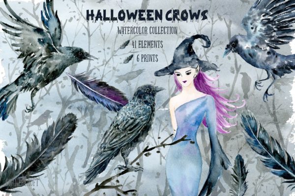 万圣节主题乌鸦&amp;巫婆水彩插画合集 Halloween Crows and Witch Watercolor