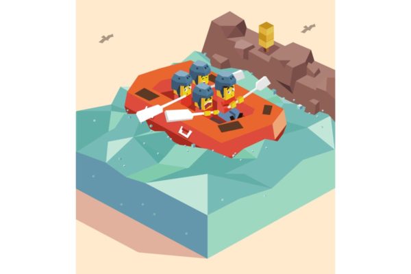 河上漂流冒险活动2.5D插画素材 Rafting on River