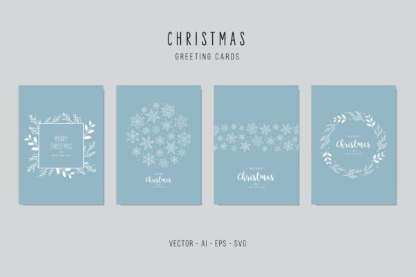 雪花&植物手绘图案圣诞节贺卡矢量设计模板集v2 Christmas Greeting Vector Card Set
