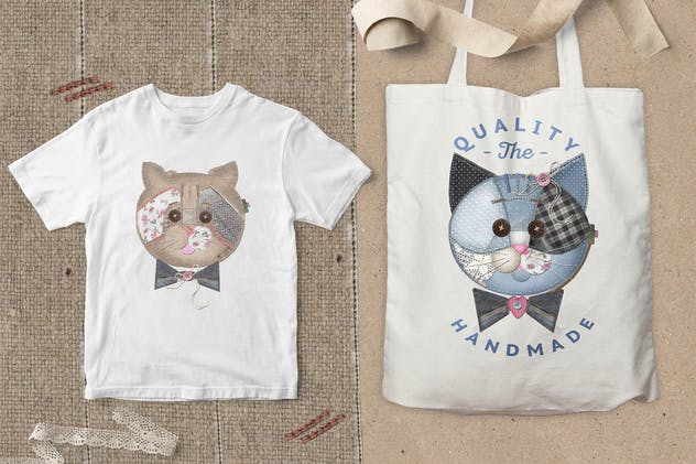 卡通猫布艺拼接图案剪贴画 CATS ON PATCH插图(2)