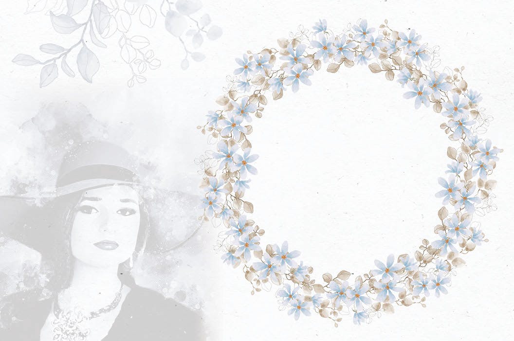 粉蓝色水彩花环剪贴画素材库精选PNG素材 Powder Blue Watercolor Wreaths插图(2)