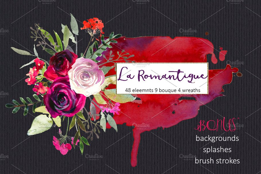 勃艮第红粉水彩花卉剪贴画 Burgundy Red Pink Flowers Clipart插图(7)