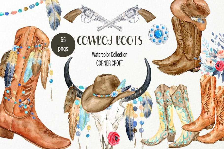 经典水彩牛仔靴剪贴画 Watercolor Cowboy Boots Illustration插图