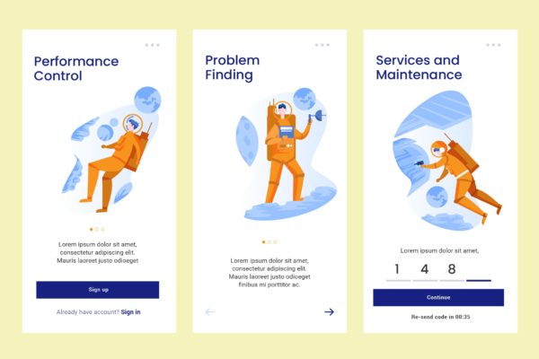 太空科学人物插画APP引导页启动页设计模板 Onboarding Screen Space Science Theme PSD and AI