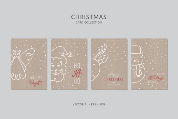 简笔画艺术风格圣诞节贺卡矢量设计模板集v5 Christmas Greeting Card Vector Set