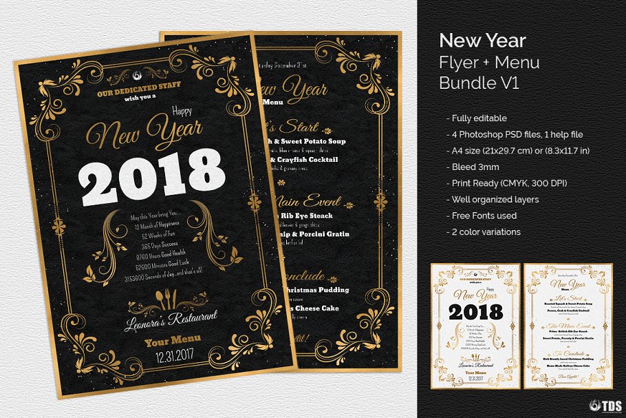 新年主题传单+新年宴会菜单模板 New Year Menu PSD V1插图