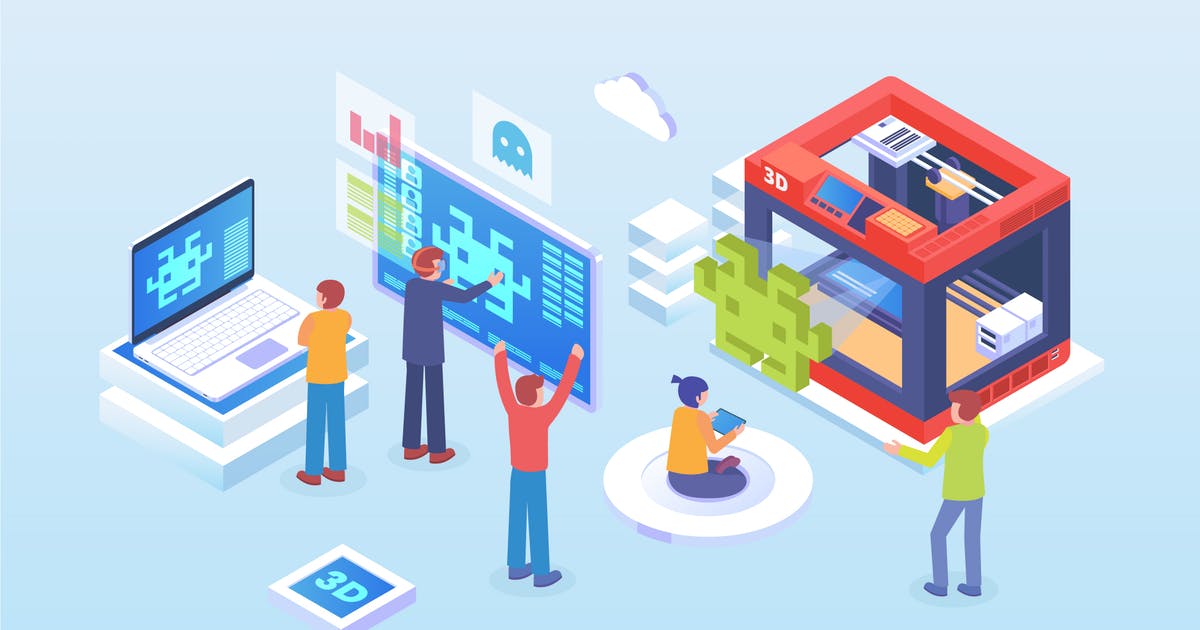 3D打印技术开发2.5D等距概念插画 Isometric 3D Printing Development Vector Concept插图