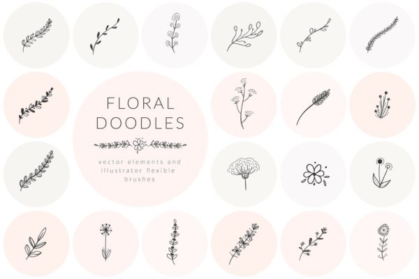 手绘花卉涂鸦装饰元素素材 Hand Drawn Floral Doodles