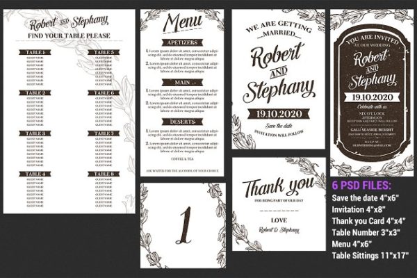 复古婚礼邀请函设计模板套装 Vintage Wedding Invitation Set