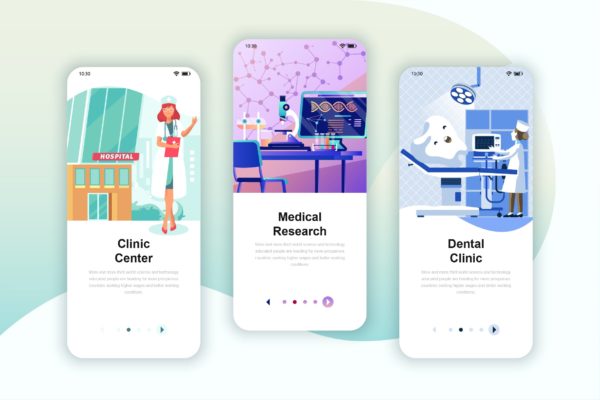 医院诊所服务主题主题矢量插画APP引导页启动页设计模板 Instagram Stories Onboarding Screens Mobile App
