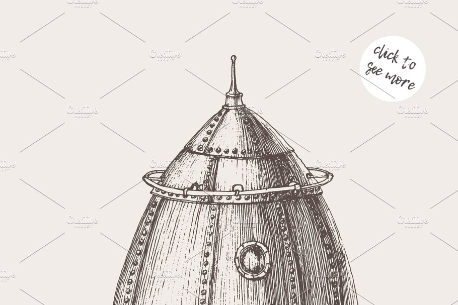 蒸汽朋克火箭船素描图形素材 Set of steam punk rocket ships插图(1)