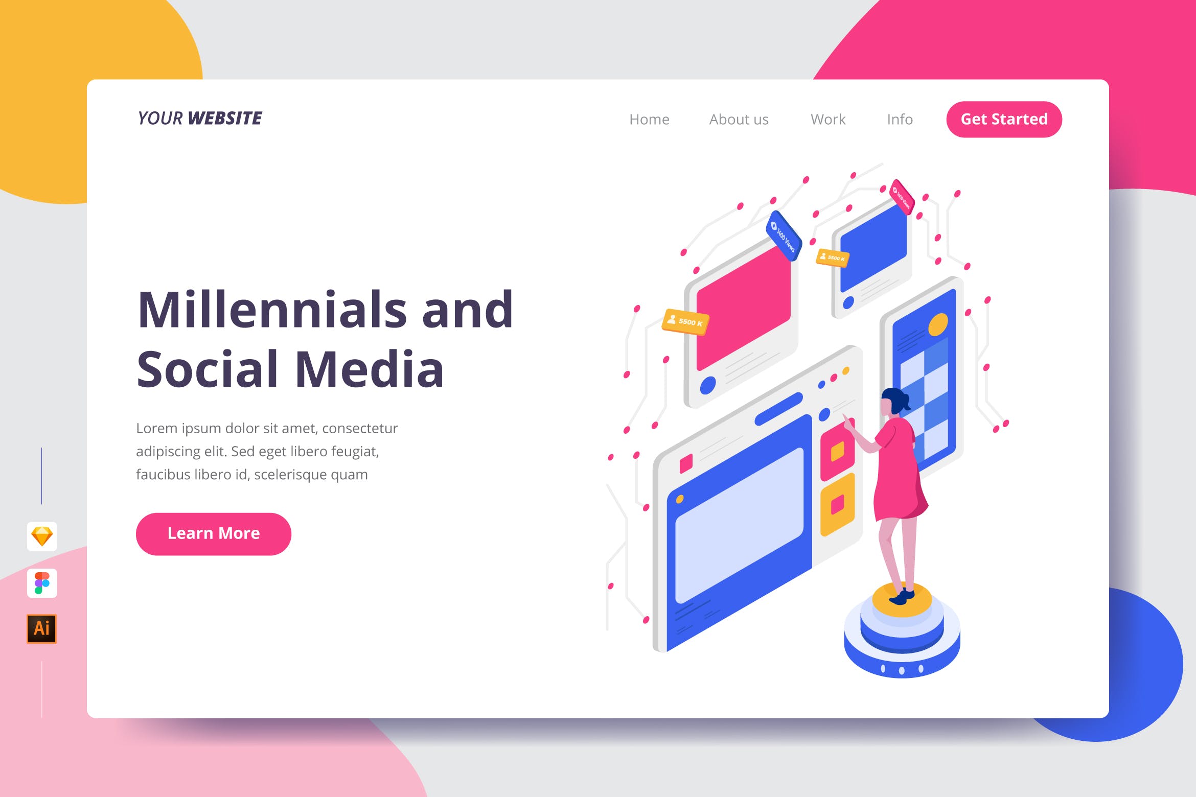 千禧一代&社交媒体矢量插画网站着陆页设计素材库精选模板 Millennials and Social Media – Landing Page插图