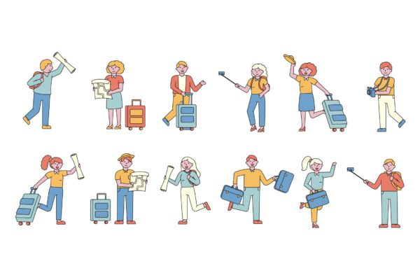 旅行人物形象线条艺术矢量插画素材库精选素材 Tourists Lineart People Character Collection