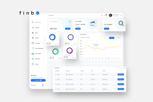 网站后台金融财务数据统计报表UI设计模板[日光版本] finbO Finance Dashboard Ui Light – FP