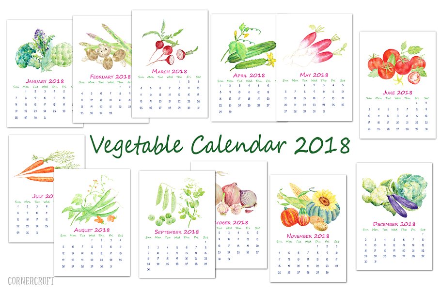 特色水彩瓜果蔬菜年历模板 Watercolor Vegetable Calendar插图(2)