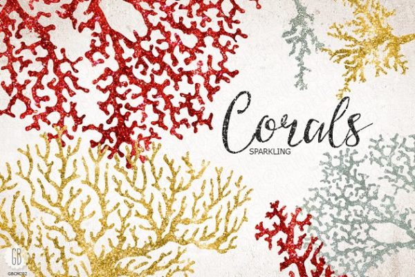 深海类波光粼粼海洋珊瑚生物插画 Sparkling corals, sea life clip art