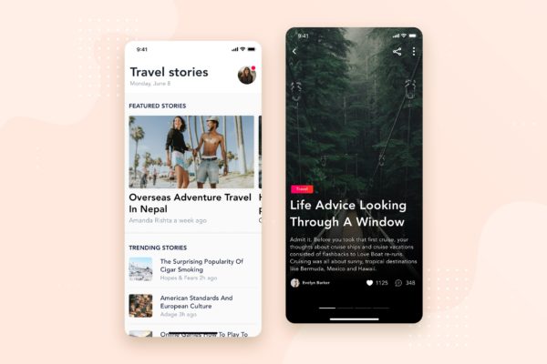 社交APP应用文章列表&amp;详情界面设计模板v1 Social – Articles Mobile Interface Concept