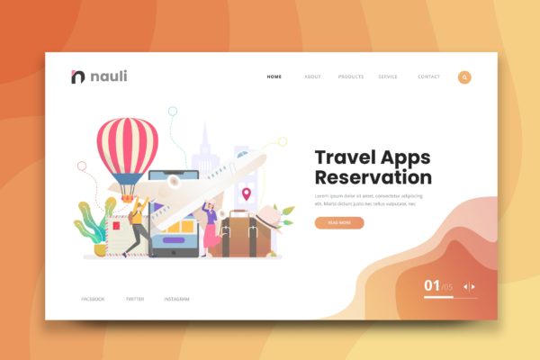 旅游主题APP应用官网设计PSD&amp;AI模板 Travel Apps Reservation Web PSD and AI Vector