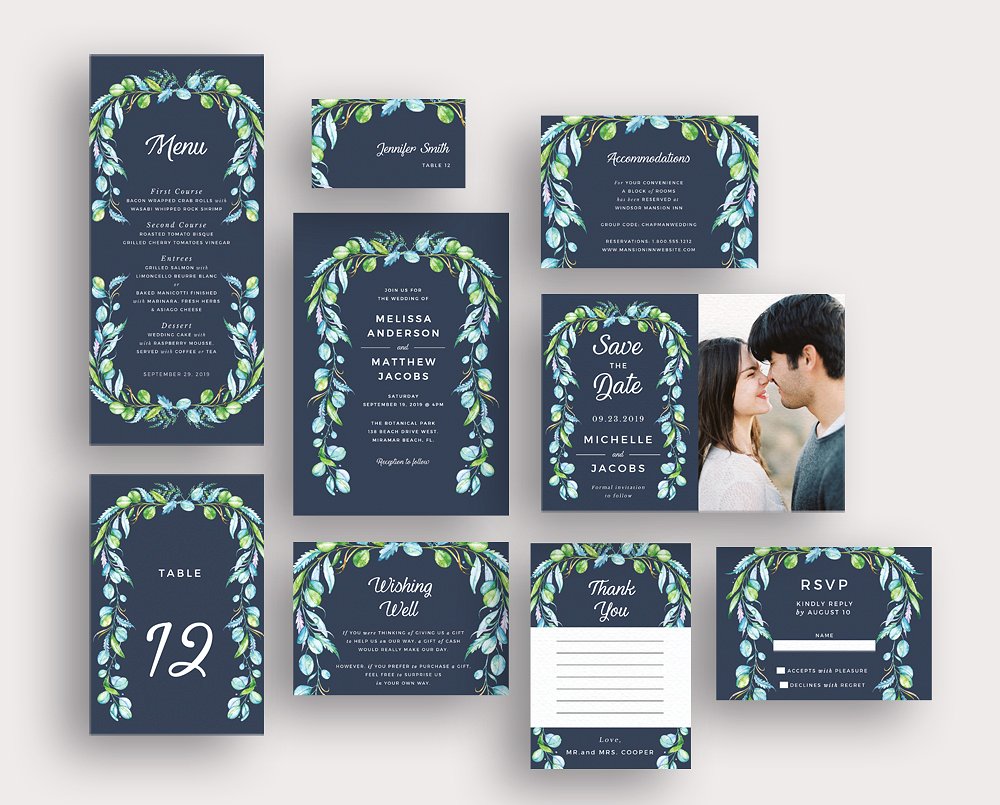 绿叶装饰框婚礼邀请设计套件 Greenery Foliage Frame on Blue插图