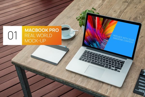 简约实木办公桌场景Macbook Pro笔记本素材库精选样机模板 Wooden desk MacBook Pro Retina Real World Mock-up