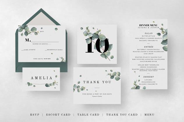 桉树叶子婚礼邀请函设计模板 Eucalyptus Foliage Wedding Suite插图(8)